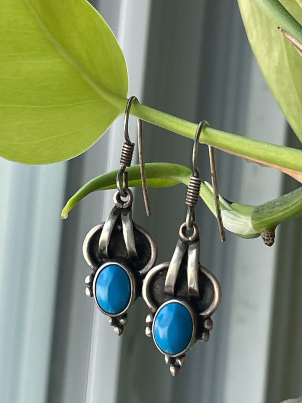 Vintage Southwestern-Style Sterling Turquoise Hook Drop Earrings